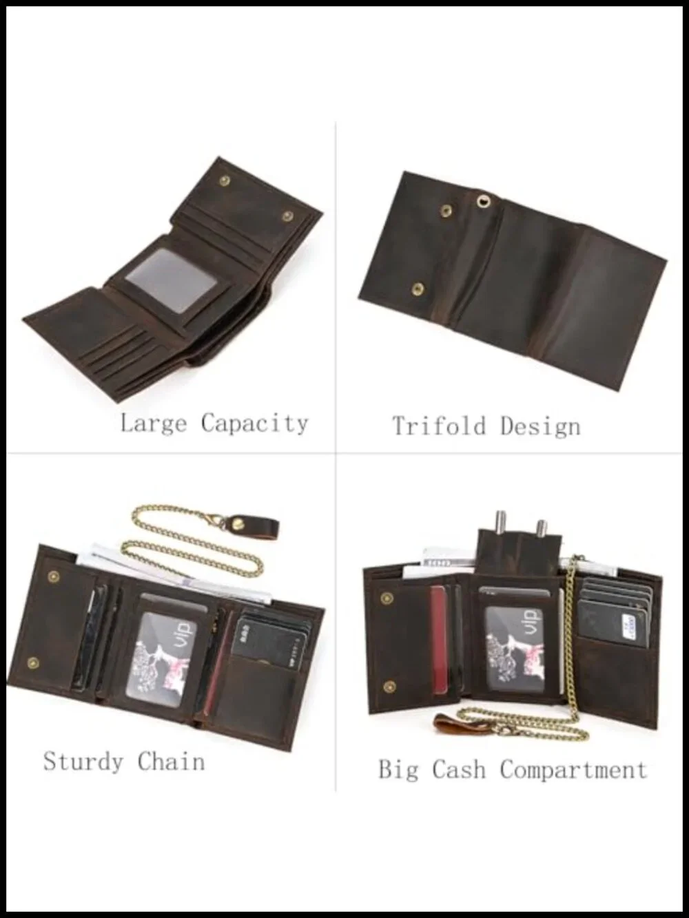 Genuine Leather Trifold Wallet with Anti-Theft Detachable Chain